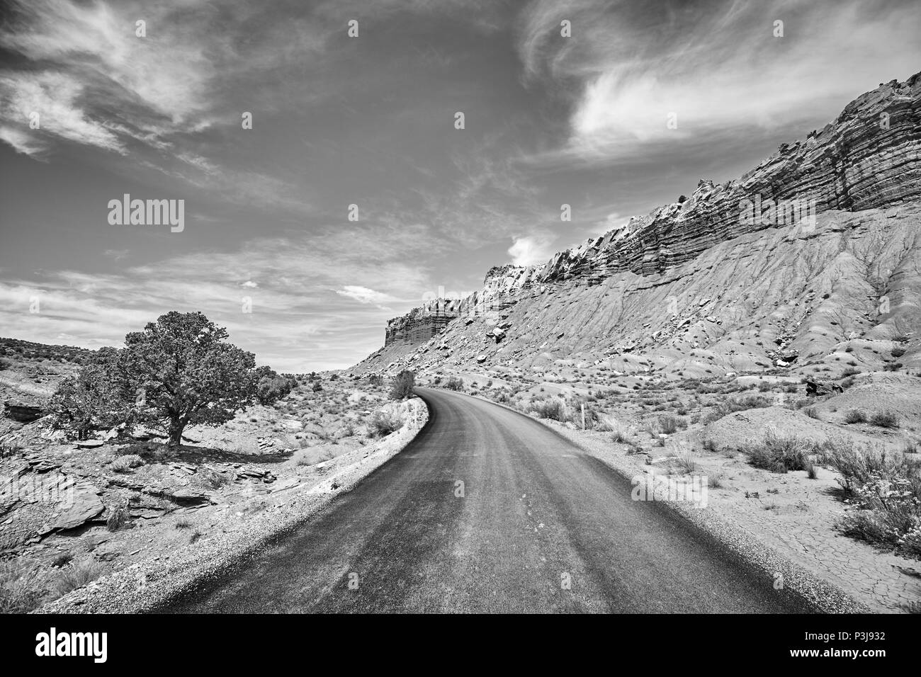Black and white picture of a picturesque road, Capitol Reef National Park, Utah, USA. Stock Photo