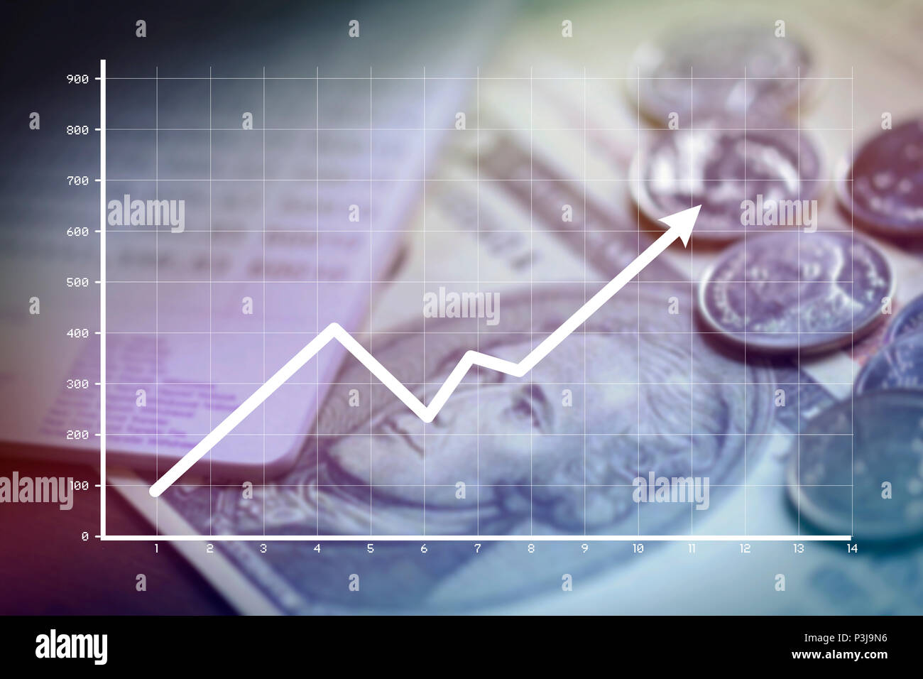 Line graph with money and bank saving deposit account passbook on background in business growth concept. Stock Photo