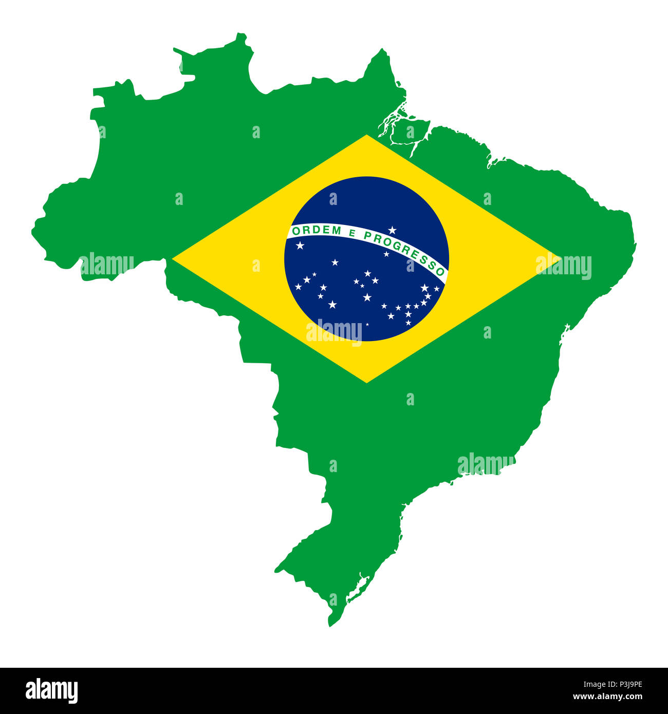 National flag of Brazil in country silhouette. Ensign, A Auriverde. Illustration over white. Stock Photo