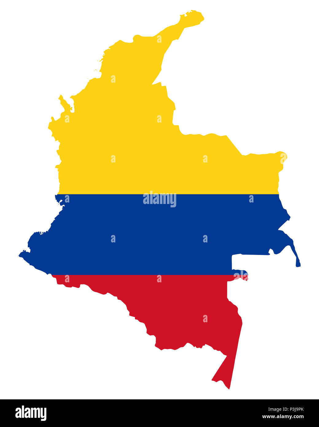 National flag of Colombia in the country silhouette. Colombian state ensign. Horizontal tricolour of yellow, blue and red. Republic in South America. Stock Photo