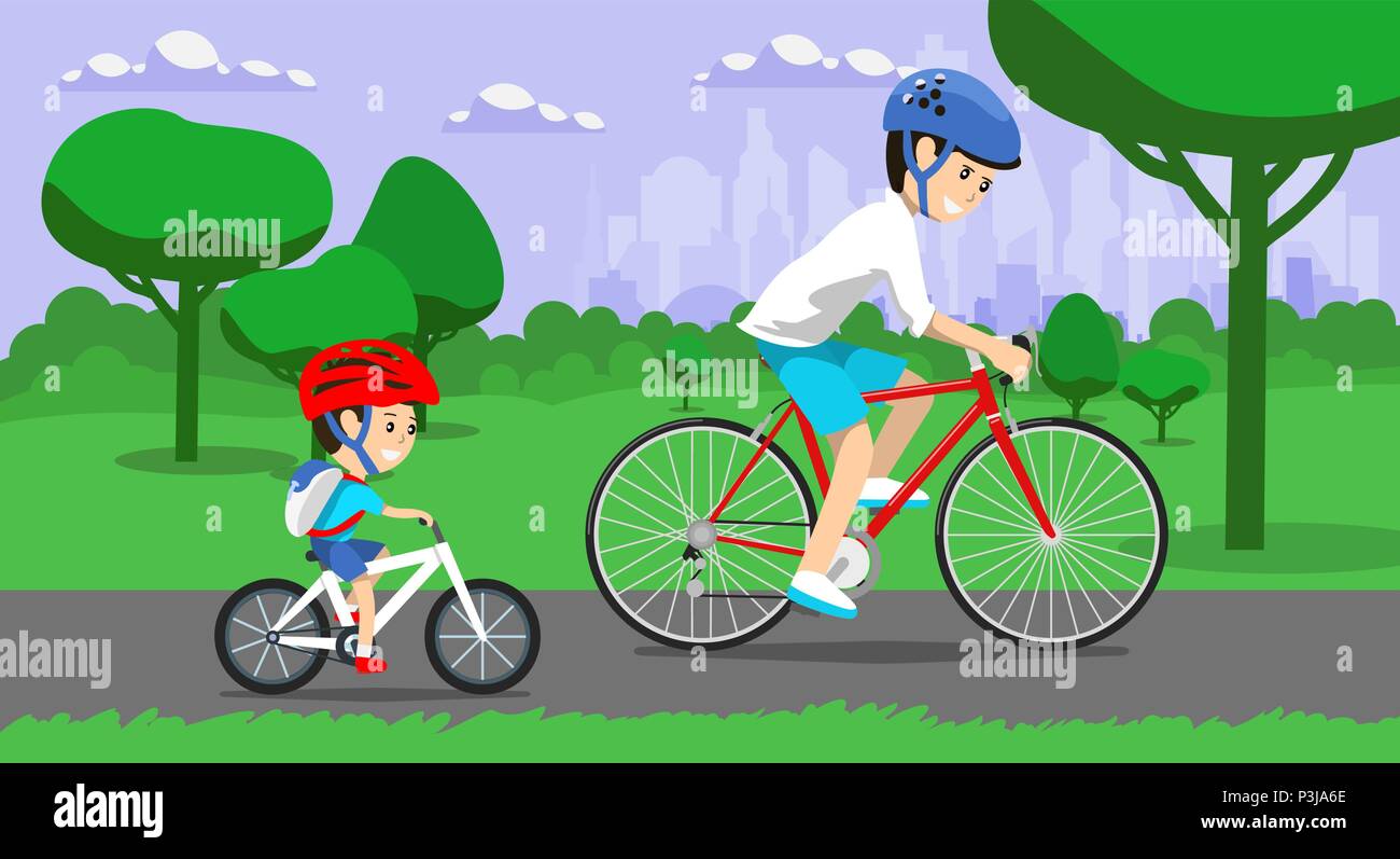 Father and son riding bikes in town park. Vector illustration Stock Vector