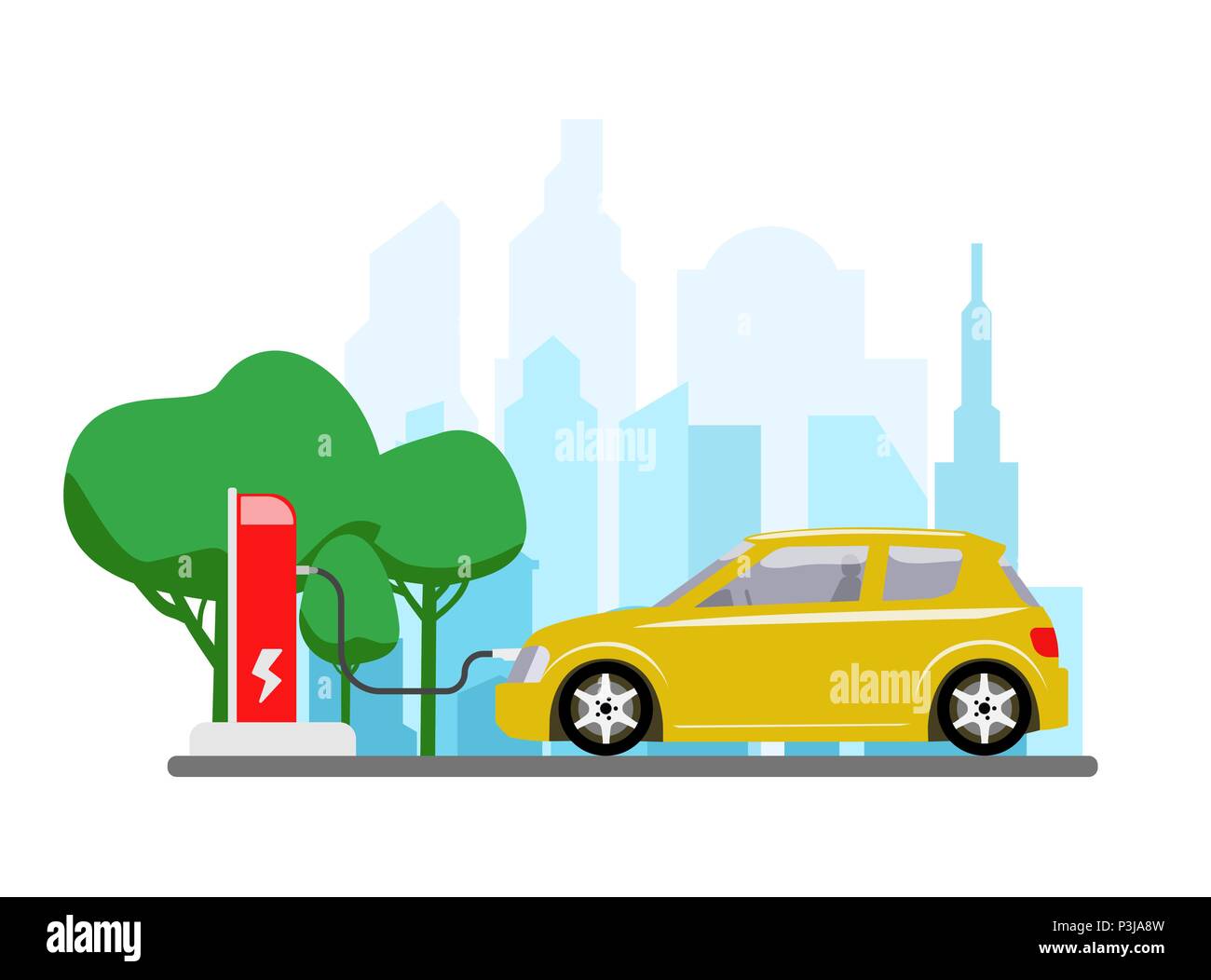 Electric car charging at refuelling power station. Modern vehicle technology. Vector illustration Stock Vector