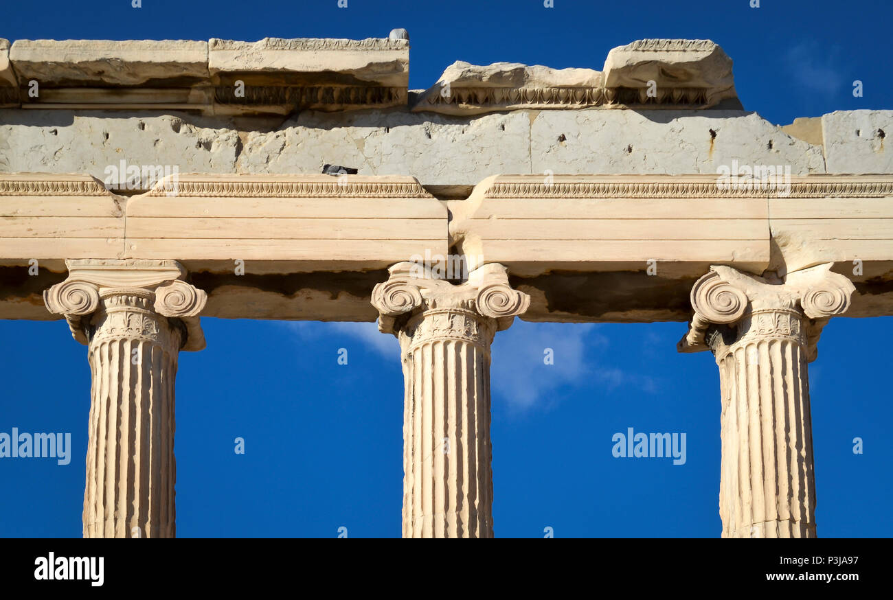 Columns on the  Temple of Erechtheion at the Acropolis, Athens Stock Photo
