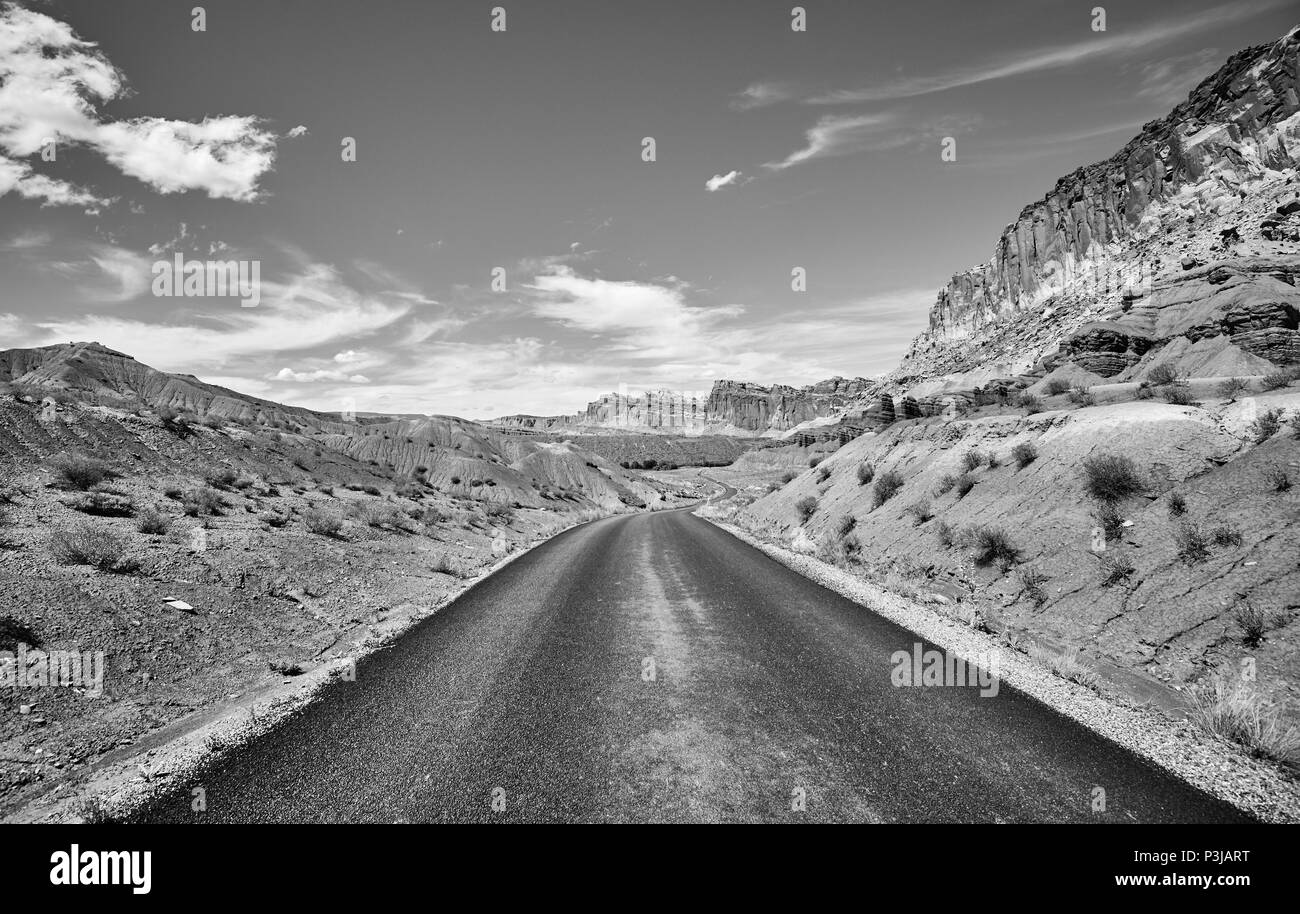 Black and white picture of a scenic road, Capitol Reef National Park, Utah, USA. Stock Photo
