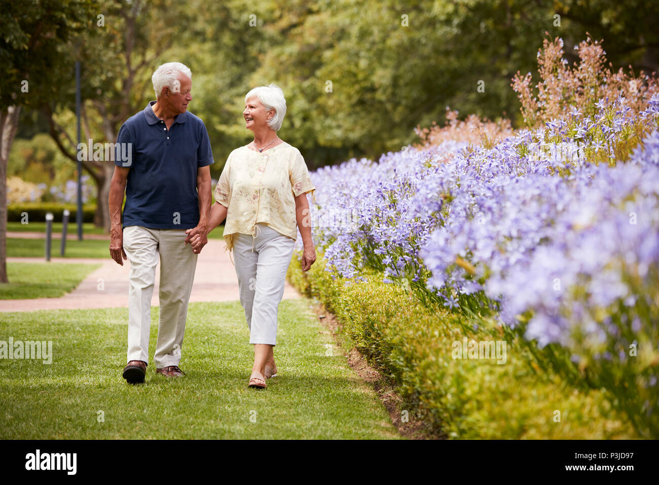 Senior Couple Holding Hands On Romantic Walk In Park Together Stock ...