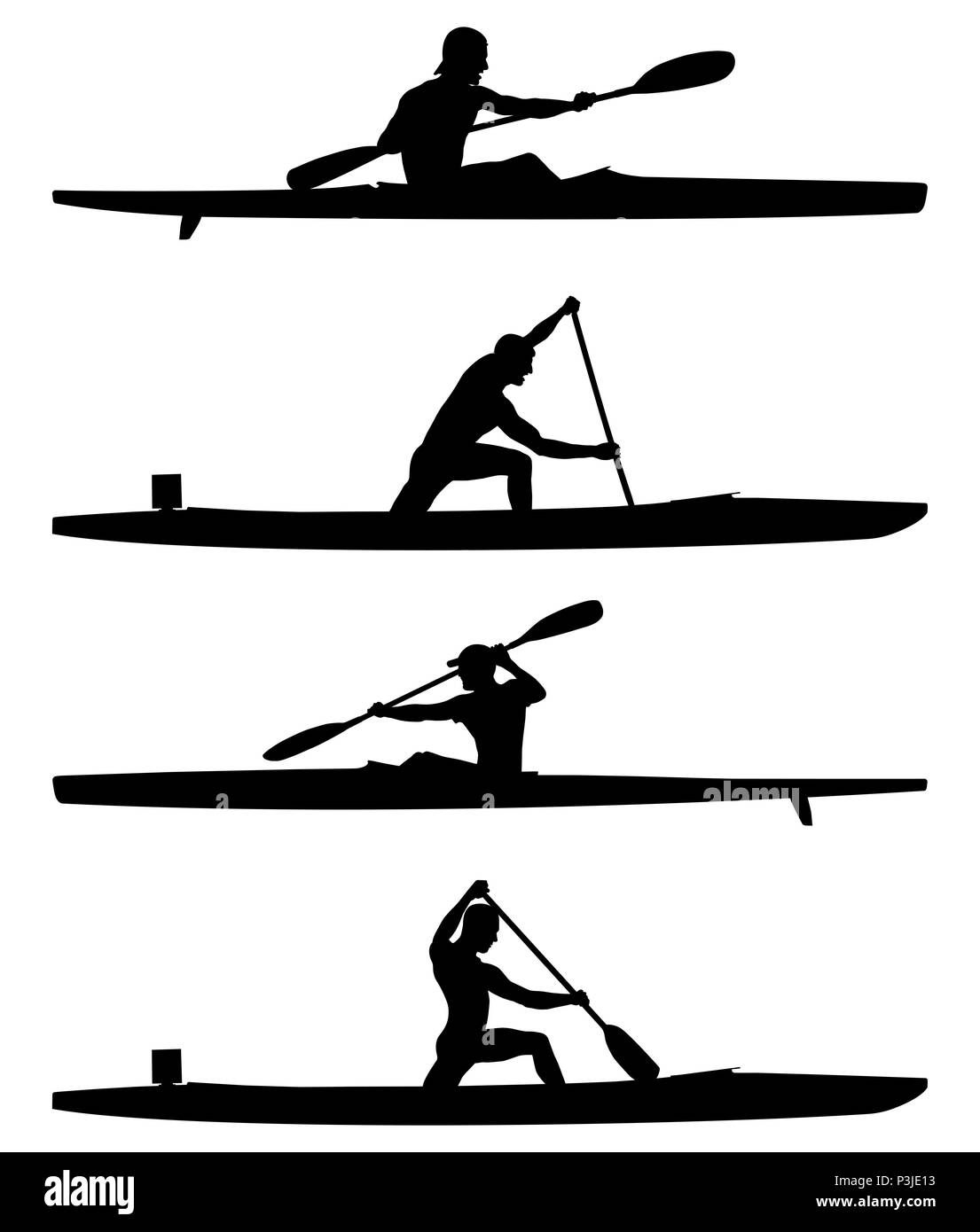 set rowers kayak and canoe black silhouettes boating competition Stock