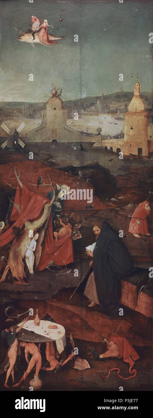 Temptation of St. Anthony (right hand panel) - 15th century - 131x53 cm - oil on panel. Author: Hieronymus Bosch (c. 1450-1516). Location: MUSEO DE ARTE ANTIGUO, LISBOA, PORTUGAL. Also known as: TRIPTICO DE LAS TENTACIONES DE SAN ANTONIO-LATERAL DCHO. Stock Photo