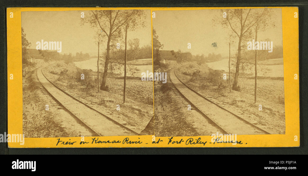 . View on Kansas River, at Fort Riley, Kansas, 420 miles west of St. Louis, Mo.  Coverage: 1867. Digital item published 4-8-2005; updated 7-21-2008. 368 View on Kansas River, at Fort Riley, Kansas, 420 miles west of St. Louis, Mo, by Gardner, Alexander, 1821-1882 Stock Photo