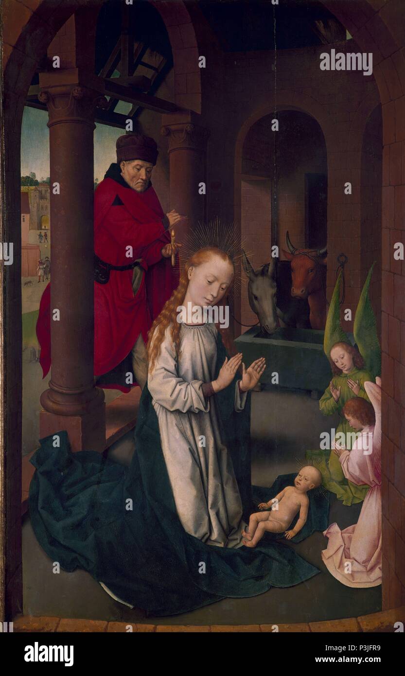 Nativity . La Natividad. Madrid, Prado museum. Author: Hans Memling (c. 1433-1494). Location: MUSEO DEL PRADO-PINTURA, MADRID, SPAIN. Stock Photo
