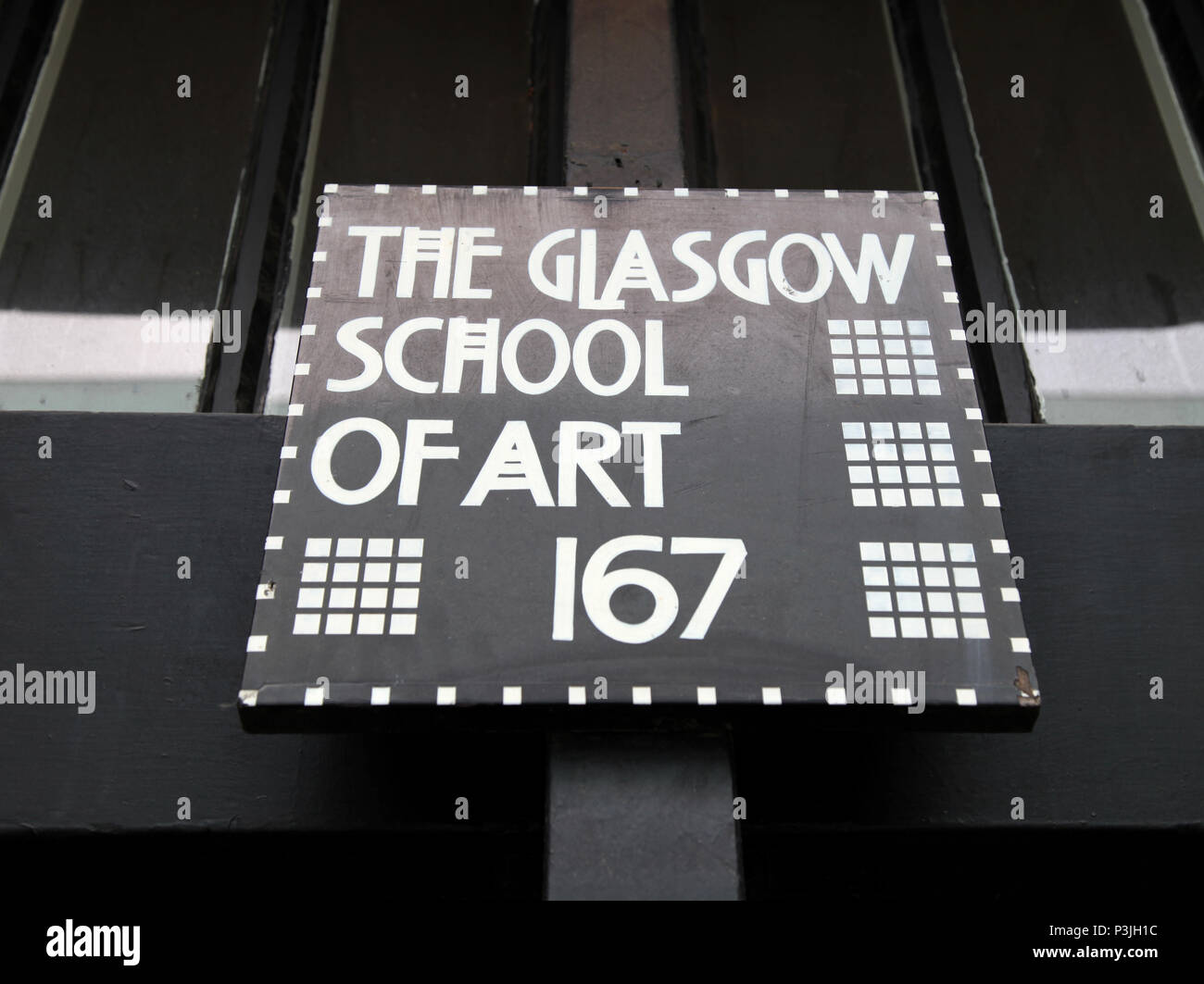 Exterior of the Glasgow School of Art building, also known as The Mack Building, showing iconic entrance sign designed by Charles Rennie Mackintosh Stock Photo