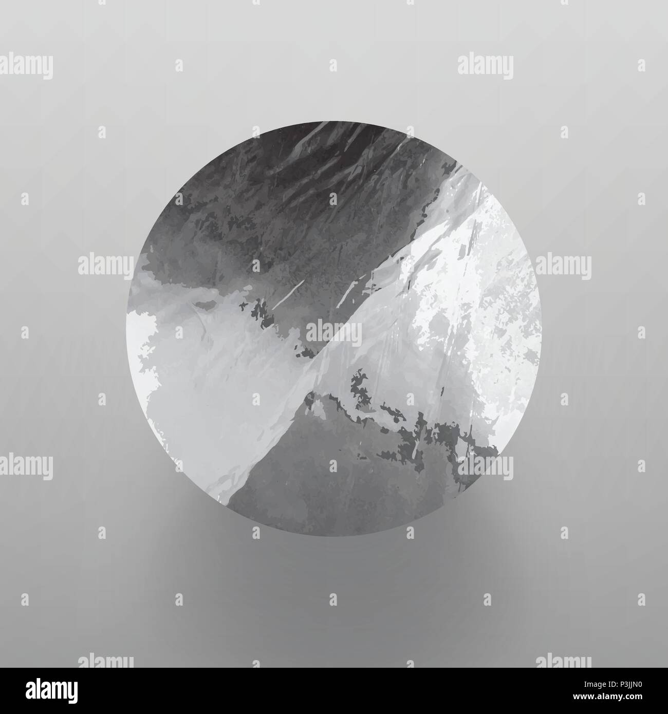 Stock vector illustration shiny, sparkly silver leaf circle. Metal foil texture Isolated on gray background. Stock Vector