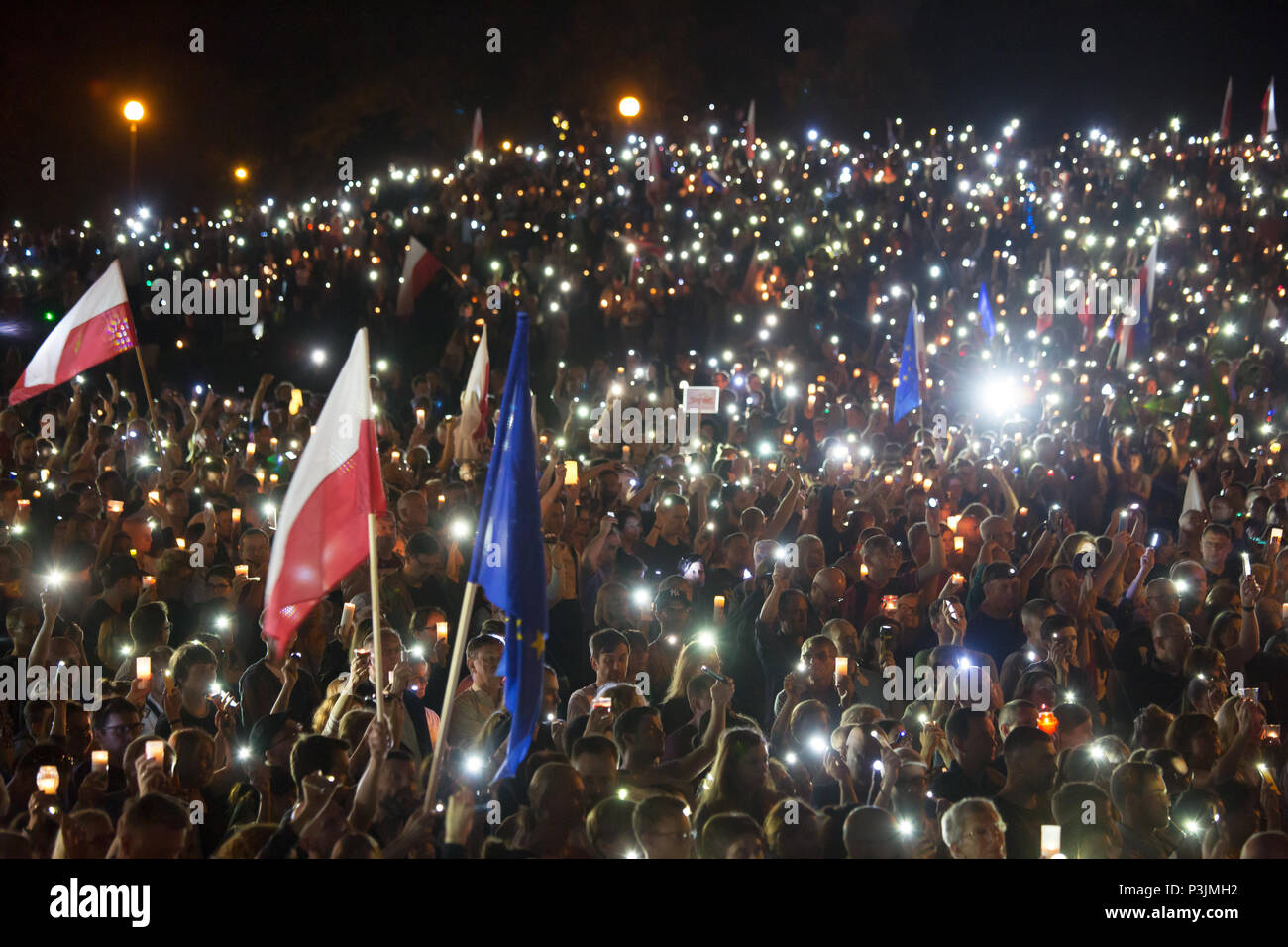Demonstration against the equalization of justice by the PIS government under the motto LANCUCH SWIATLA (fairy lights) Stock Photo