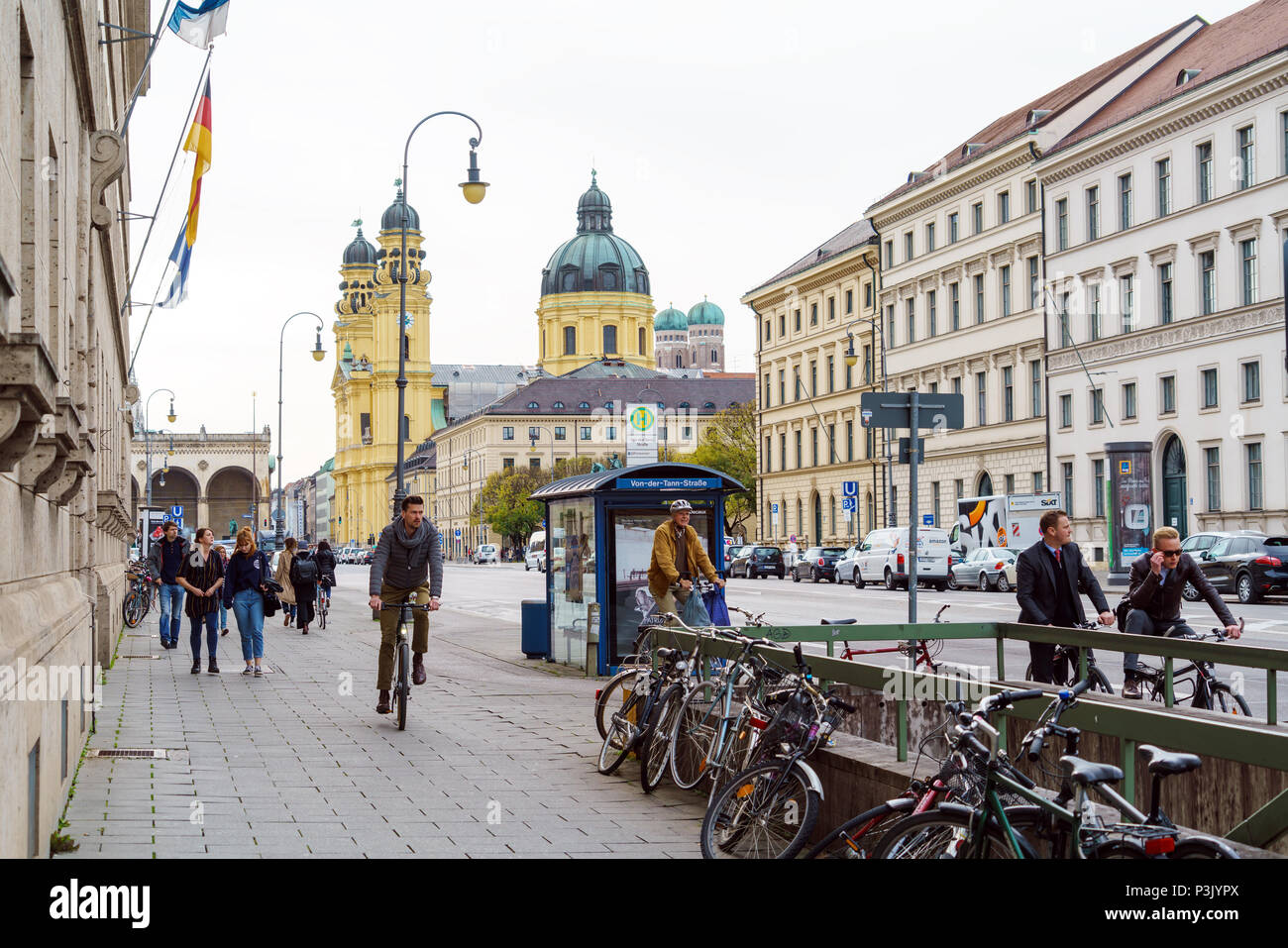 Munich, Germany - October 25, 2017:  Ludwigstrasse and St.Ludwig church as seen from Odeonsplatz Stock Photo