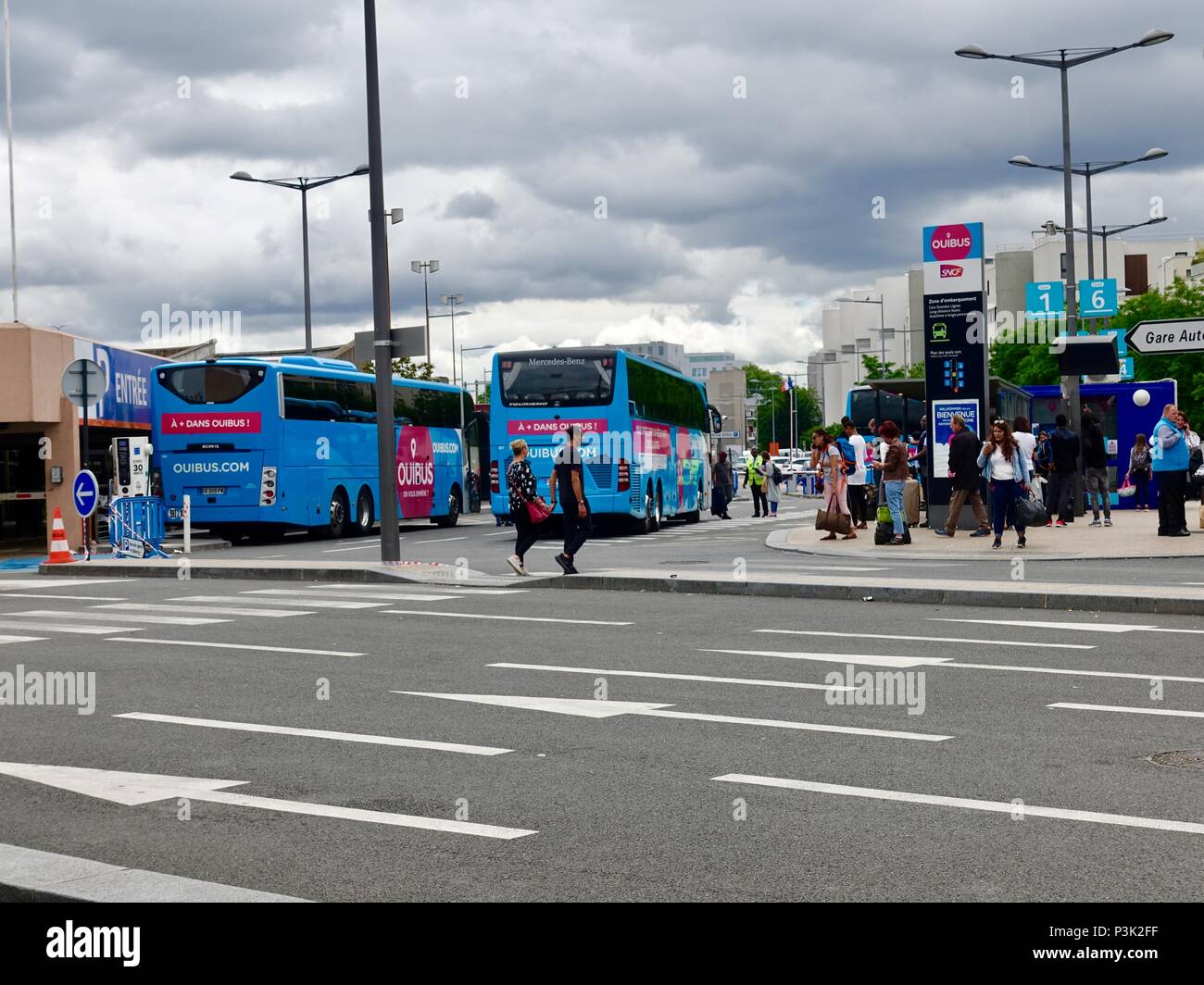 More people taking buses due to striking train workers. Buses lined up outside Gare de Bercy, the Bercy train and Oui bus station, Paris, France. Stock Photo