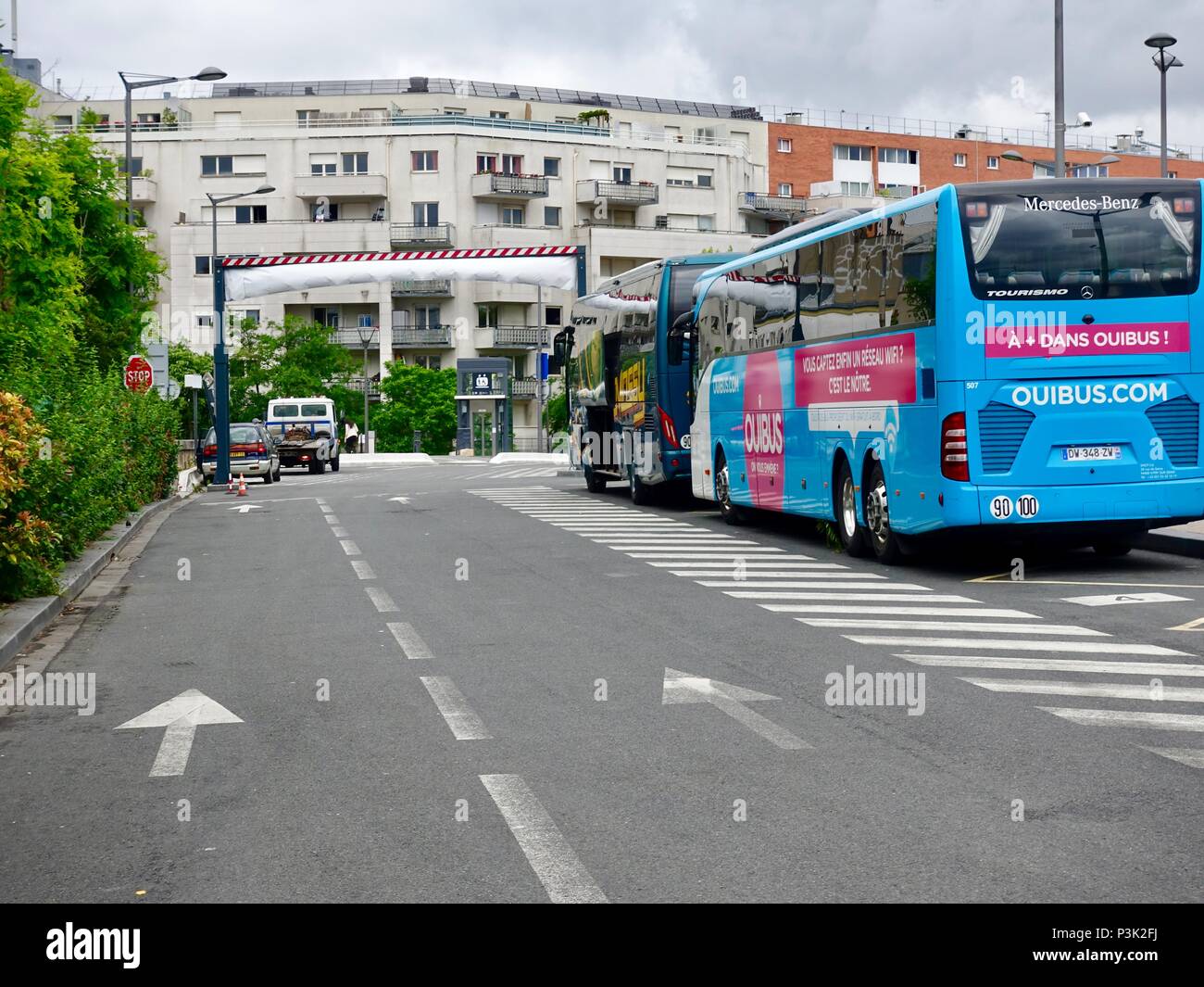 More people taking buses due to striking train workers. Buses lined up outside Gare de Bercy, the Bercy train and Oui bus station, Paris, France. Stock Photo