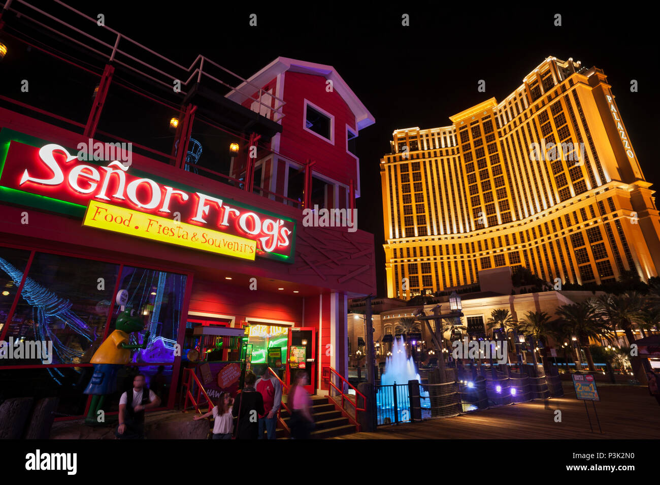Senor Frog's restaurant and Palazzo hotel at night, Las Vegas, Nevada, USA. Stock Photo