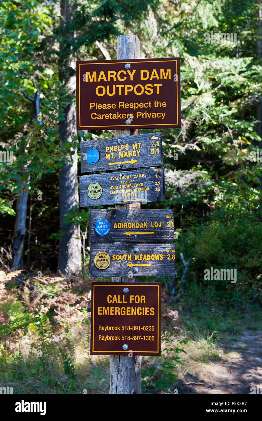 Directional and informational signs for hikers  in the Adirondack region, Upstate New York, USA. Stock Photo
