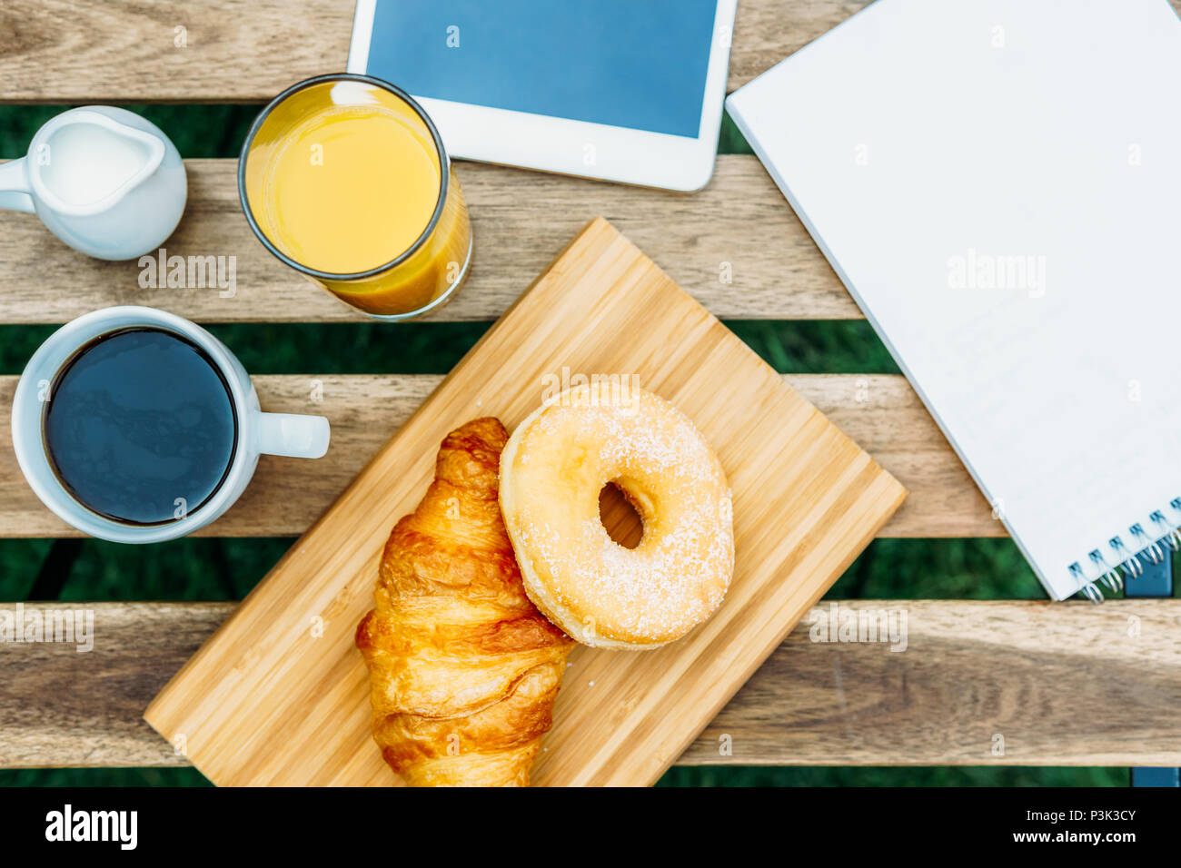 Morning Breakfast In Green Garden With French Croissant, Donuts, Coffee ...
