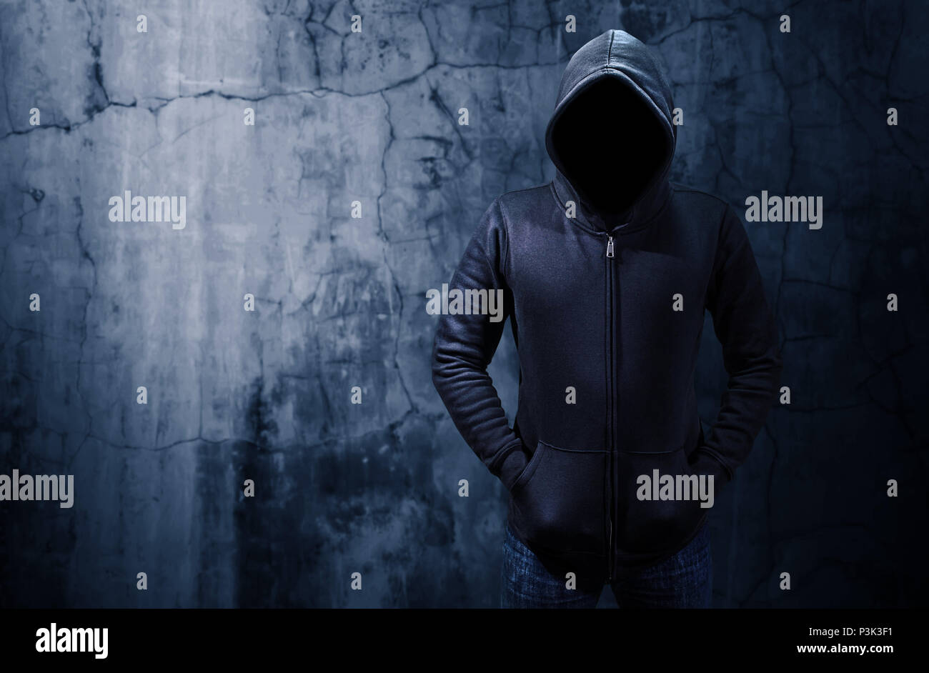 Hacker standing alone in dark room. Empty space for text or draw Stock Photo