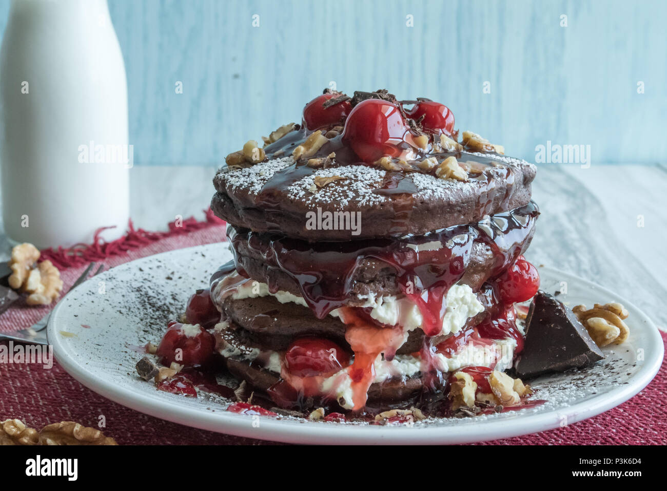 Delicious Chocolate Pancakes Gourmet Dessert for Breakfast? Closeup