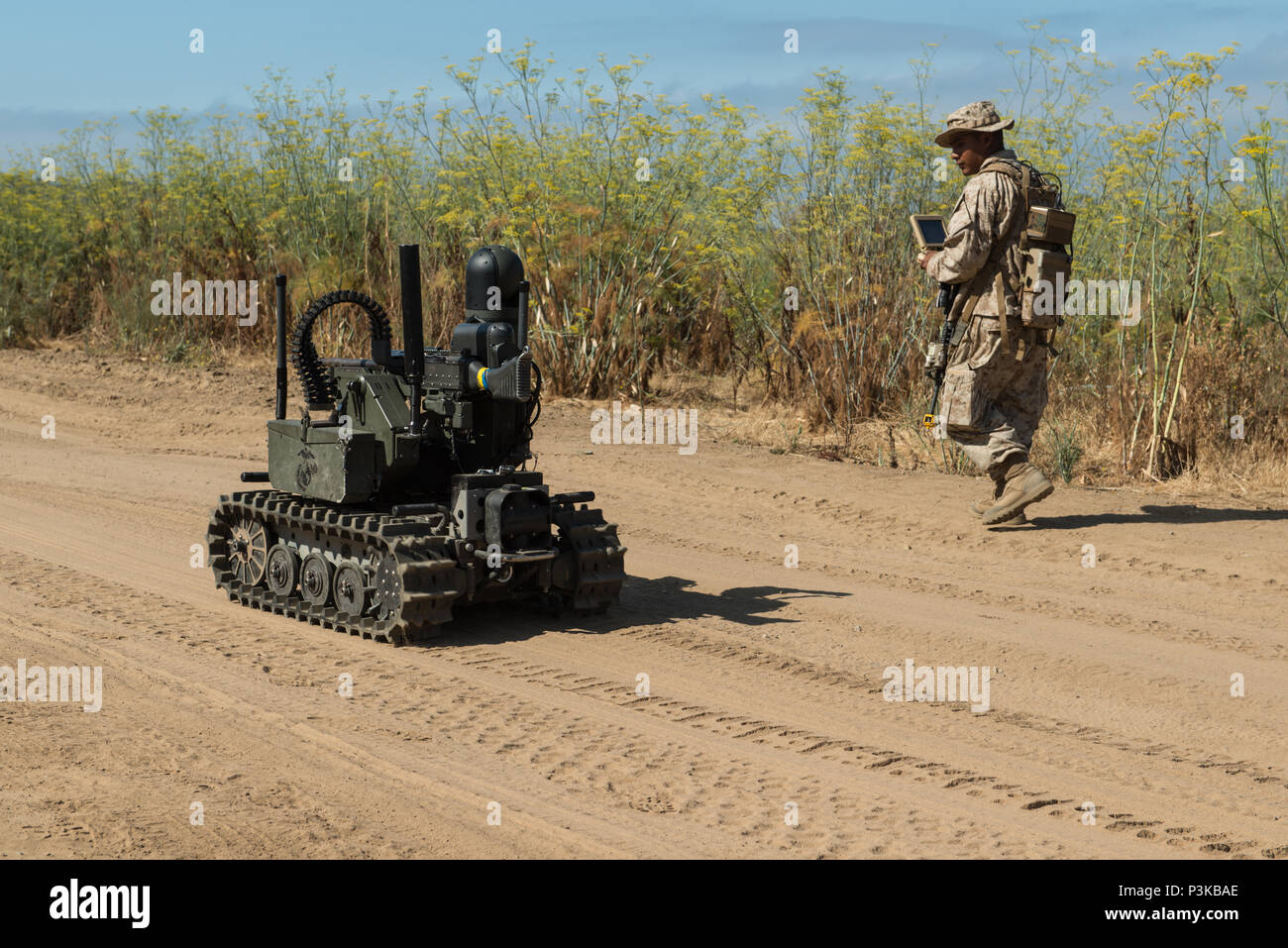 Pfc. Edgar Langle, an infantryman with 3rd Battalion, 5th Marine Regiment, operates a newly developed Modular Advanced Armed Robotic System in a field environment at Marine Corps Base Camp Pendleton, Calif., July 8, 2016.  The system was built by the Marine Corps Warfighting Laboratory to assist Marines in carrying gear and clearing buildings.  The lab is conducting a Marine Air-Ground Task Force Integrated Experiment in conjunction with Rim of the Pacific exercise to explore new gear and assess its capabilities for potential future use. The Warfighting Lab identifies possible challenges of th Stock Photo
