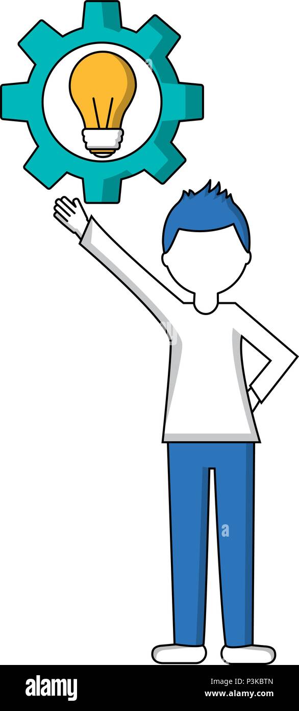 young man with gear and light bulb isolated icon vector illustration ...