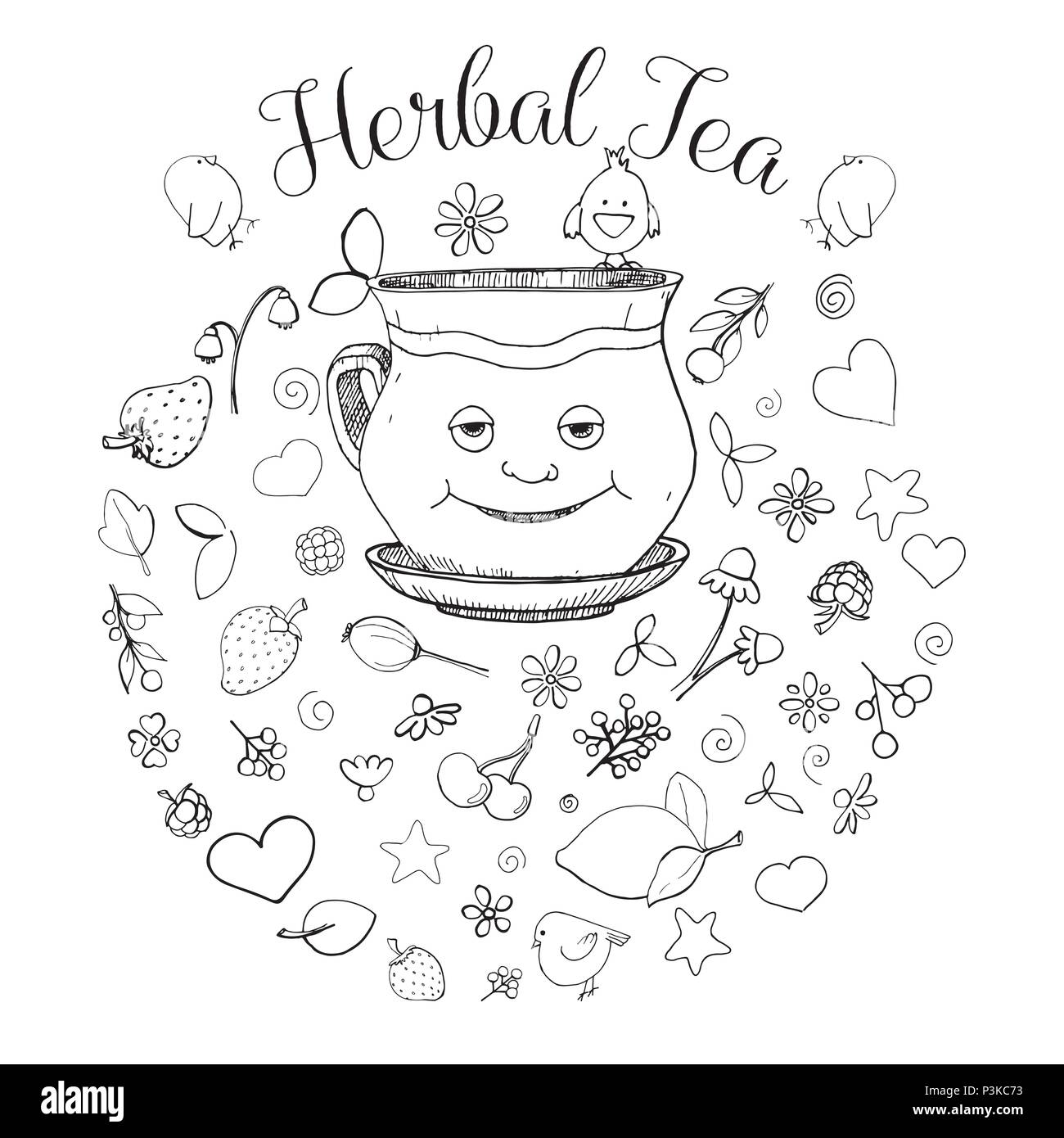 Hand drawn a cup in the cartoon style, different herbs, plants, berries and birds. The inscription is herbal tea. Vector illustration of a sketch styl Stock Vector