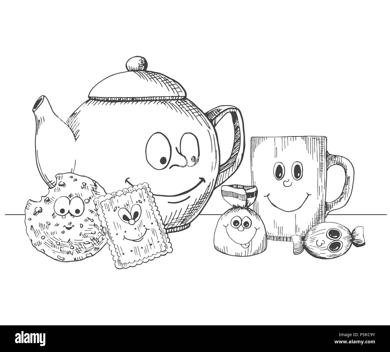 Hand drawn kettle, cup, cookies and candies in a cartoon style. Vector illustration in sketch style Stock Vector
