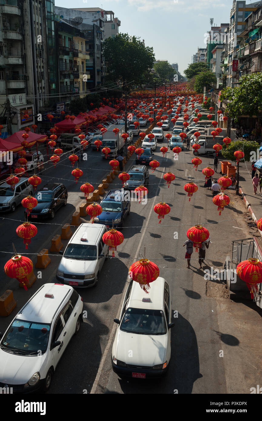 Yangon, Myanmar, Lanterns are hanging over a street in Chinatown Stock Photo