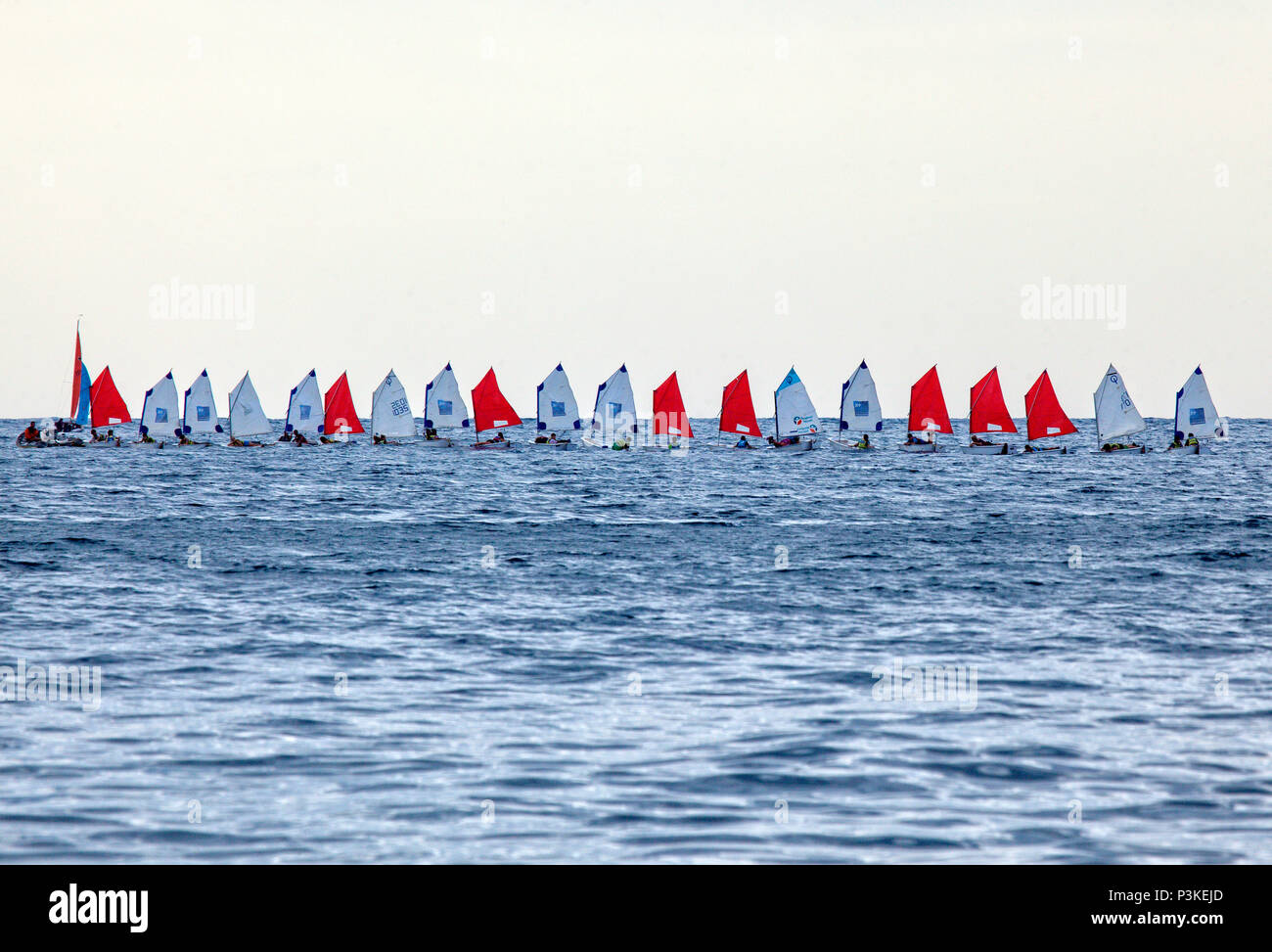 Large group of people sailing catamarans in row against clear sky, Nice