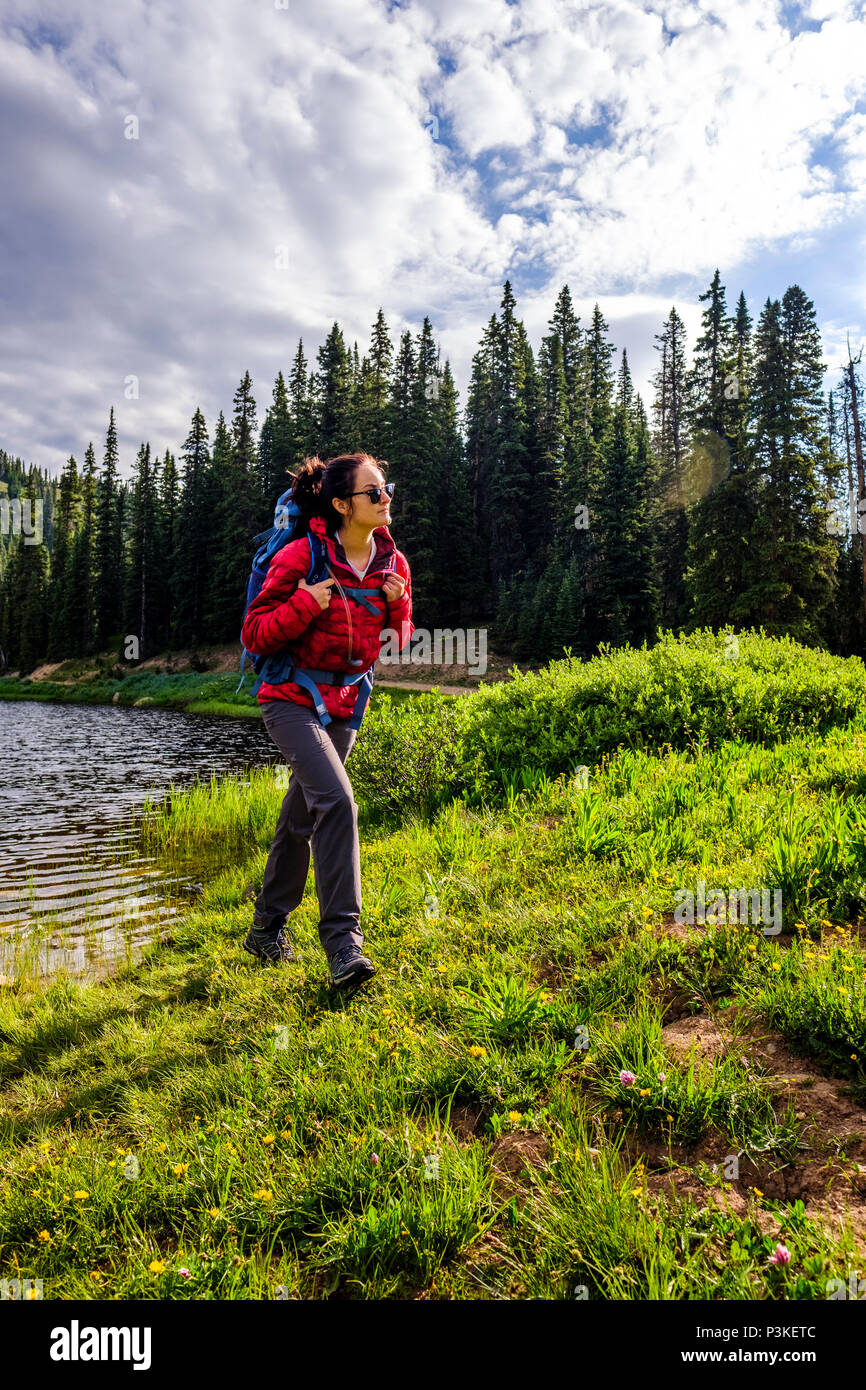 Female backpacker, Bolam Pass, Colorado Trail, Colorado, USA Stock Photo