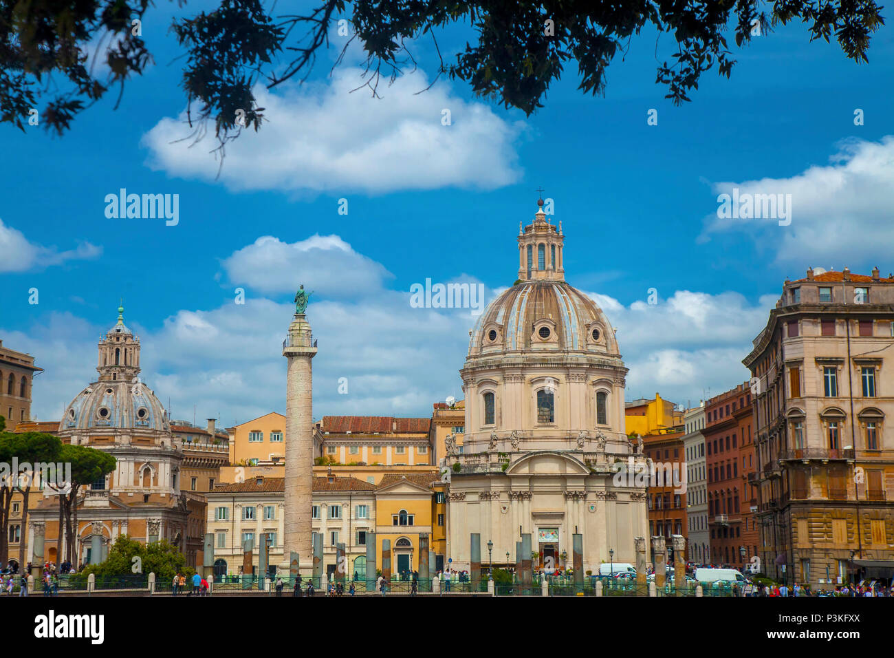 Trajan's Column in Rome, Italy with the two Churches of Holy Mary on its sides Stock Photo