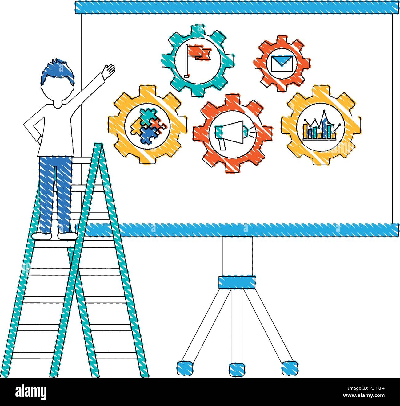 man with paperboard training and set gears isolated icon vector ...