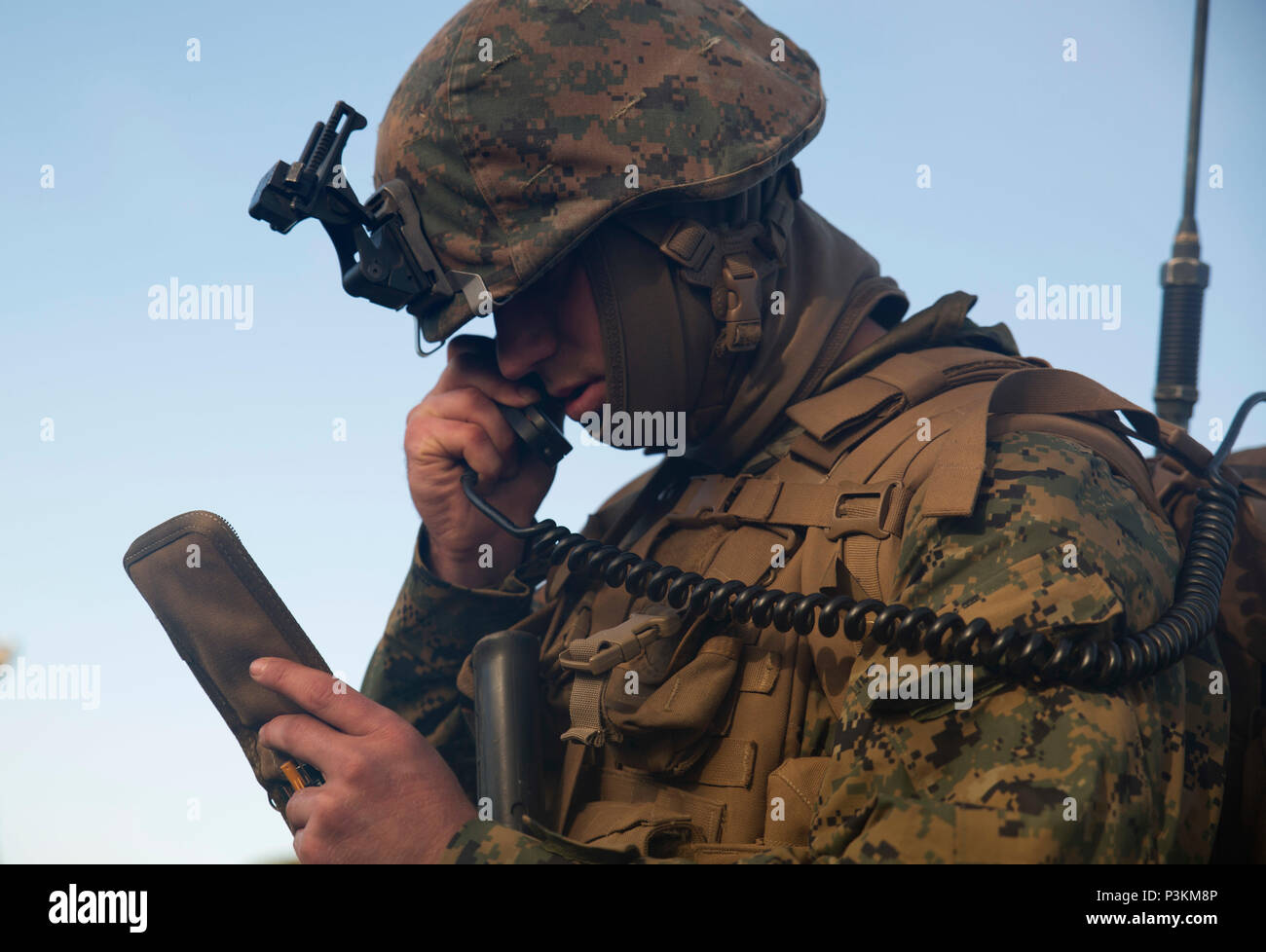 Cpl. Clayton L. Campbell, a field radio operator, makes communications with the combat operations center during Exercise Hamel at Cultana Training Area, South Australia, Australia, July 1, 2016. Exercise Hamel is a trilateral training exercise with Australian, New Zealand, and U.S. forces to enhance cooperation, trust, and friendship. Campbell, from Harrisonville, Missouri, is with Company A, 1st Battalion, 1st Marine Regiment, Marine Rotational Force – Darwin. (U.S. Marine Corps photo by Cpl. Carlos Cruz Jr./Released) Stock Photo