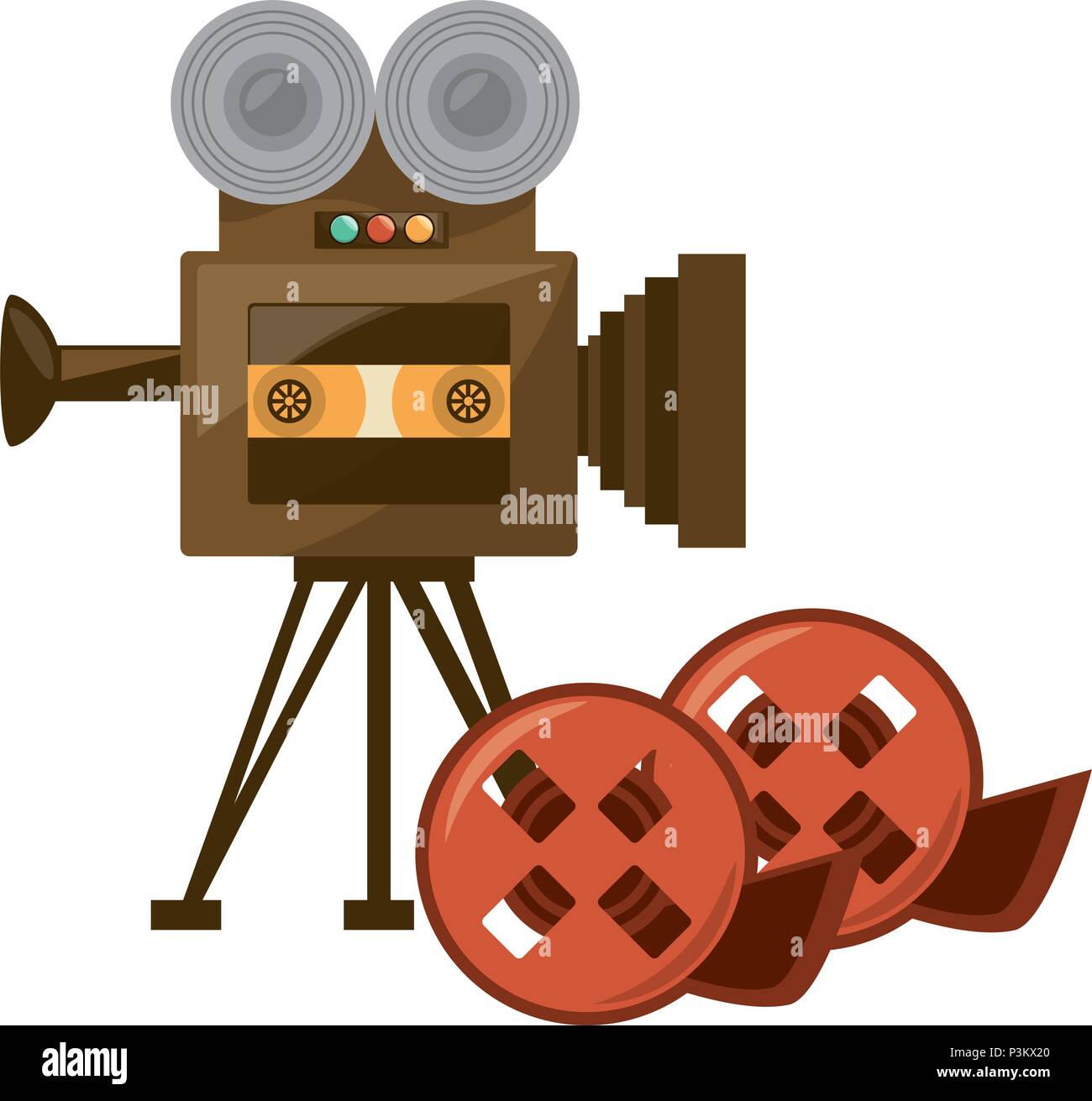 retro video camera with films tapes over white background, colorful