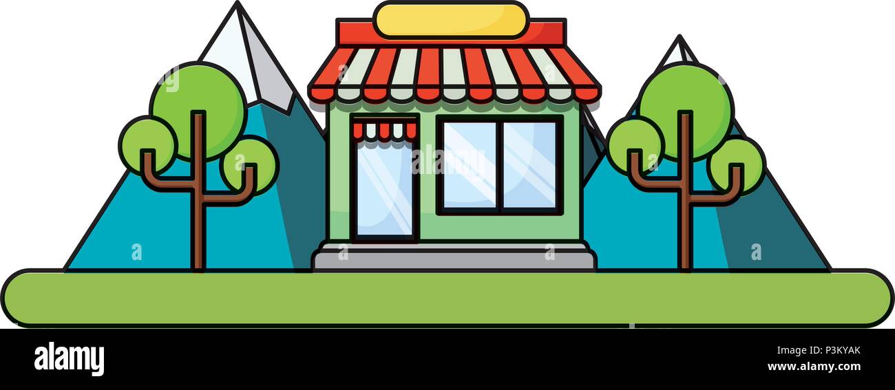 trees and stores over white background, colorful design. vector ...