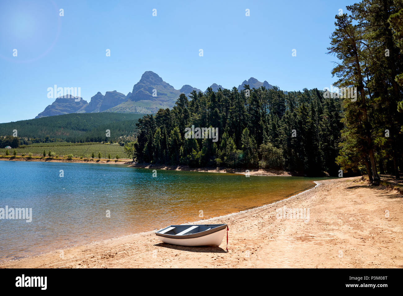 Reservoir With Low Water Level During Summer Drought Stock Photo