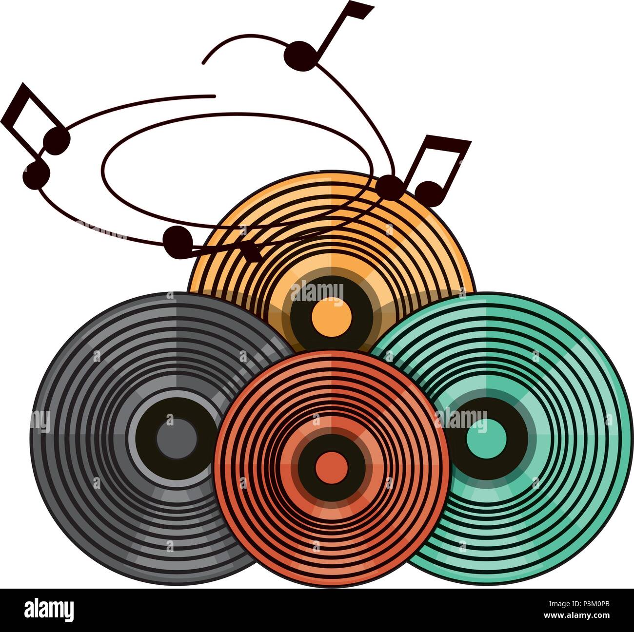 vintage vinyls and musical notes over white background, colorful design
