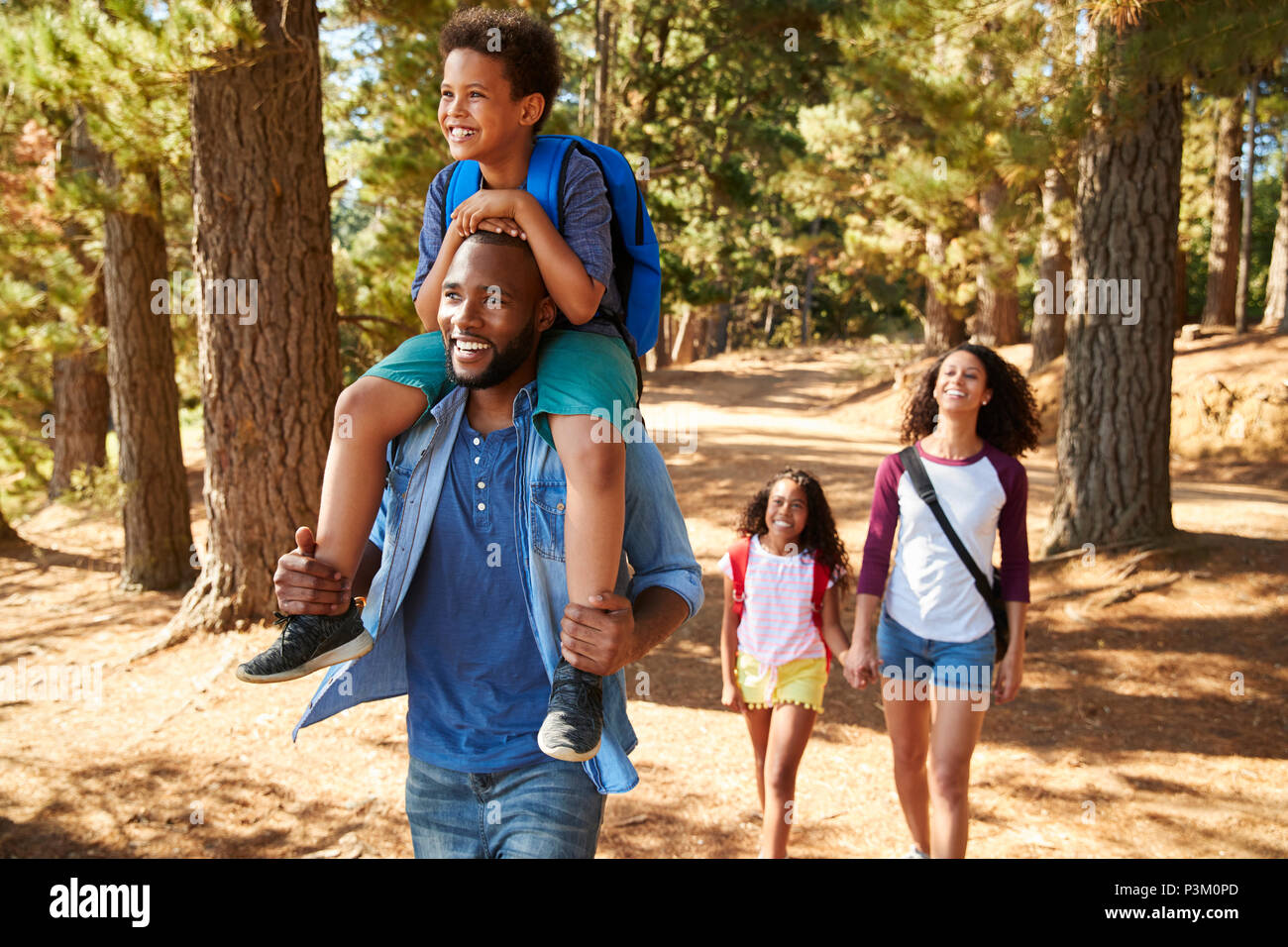 Family On Hiking Adventure Through Forest Stock Photo