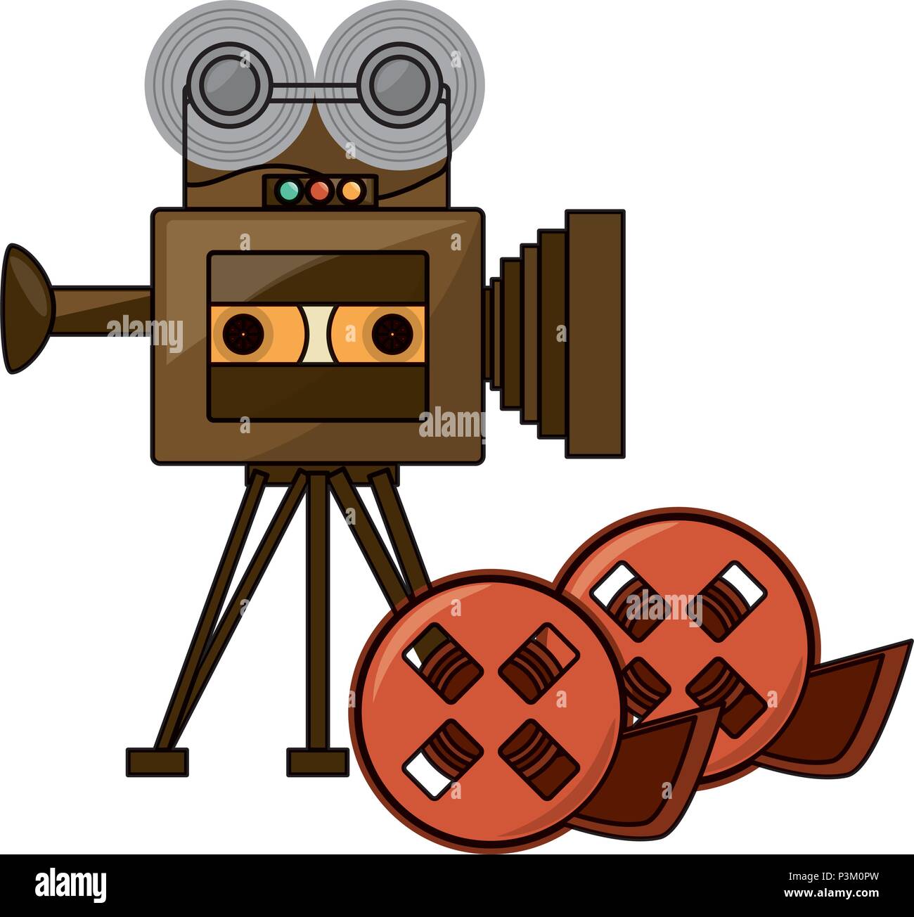 retro video camera with films tapes over white background, colorful