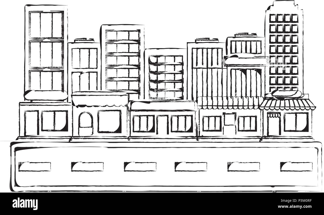 Sketch Of Street With City Buildings And Stores Over White Background Vector Illustration Stock Vector Image Art Alamy