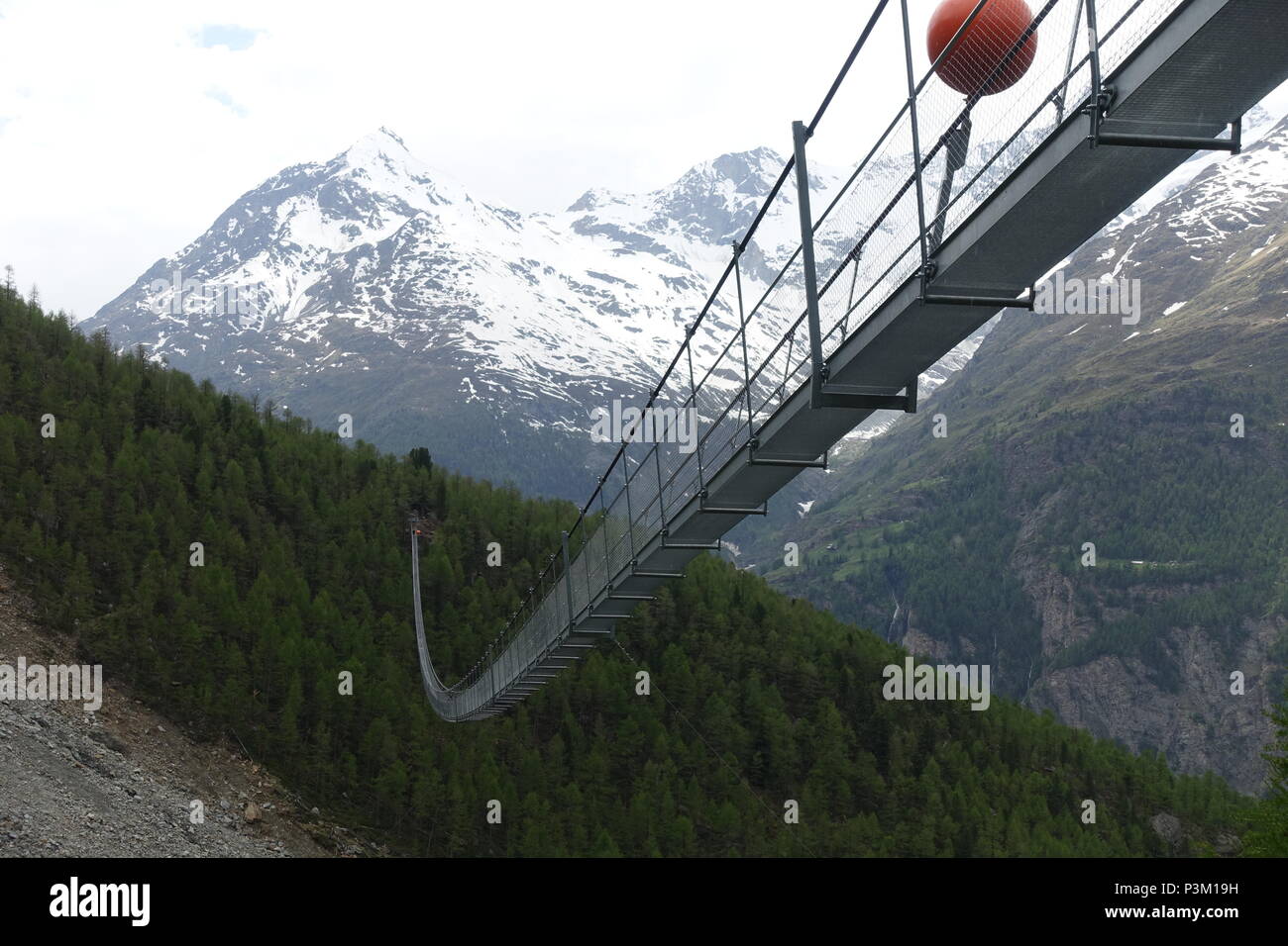 The Charles Kuonen Suspension Bridge near Zermatt, Switzerland. This is the longest hanging