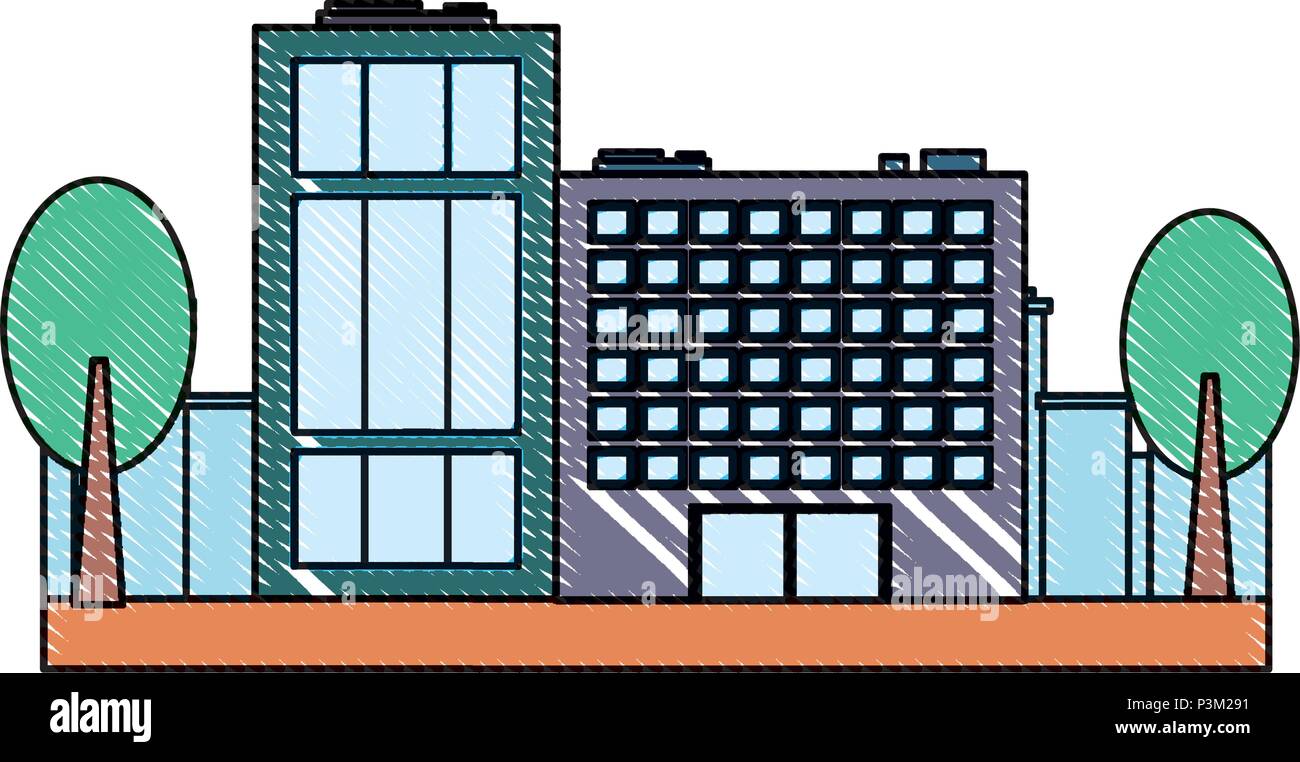 city buildings and trees over white background, colorful design. vector ...
