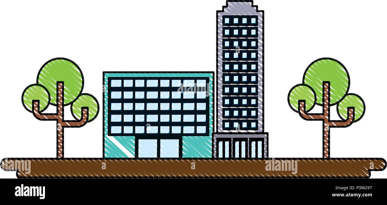 city buildings and trees over white background, colorful design. vector ...