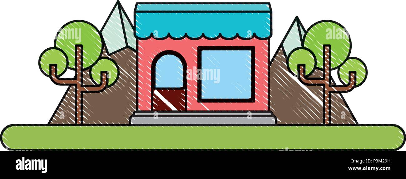 trees and stores over white background, colorful design. vector ...