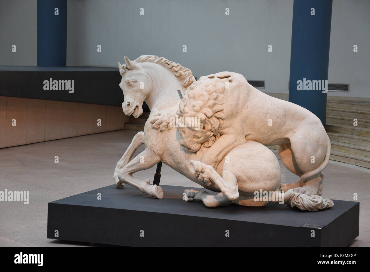 Lion biting the horse.Rough marble In 1594 Ruggero Bascapè, a student of Michelangelo, added the head, the legs and the tail of the horse in addition  Stock Photo