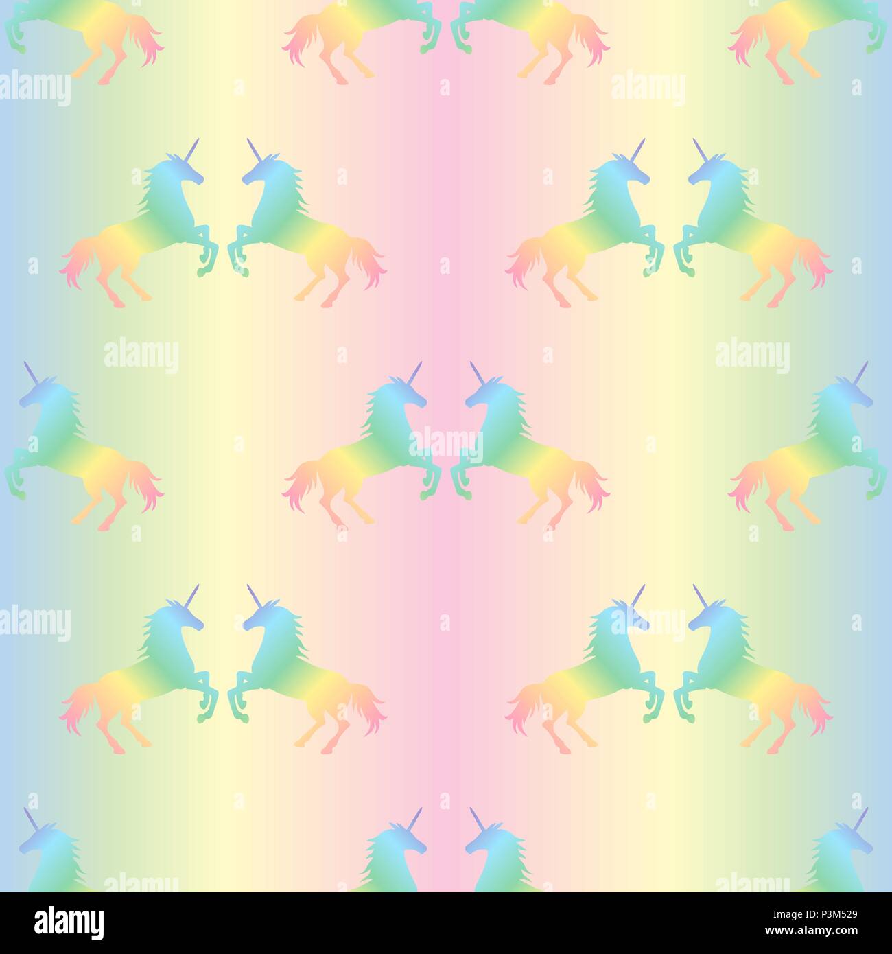 Vector illustration of seamless pattern from rainbow unicorns couple on pastel rainbow background. Unicorn texture Stock Vector