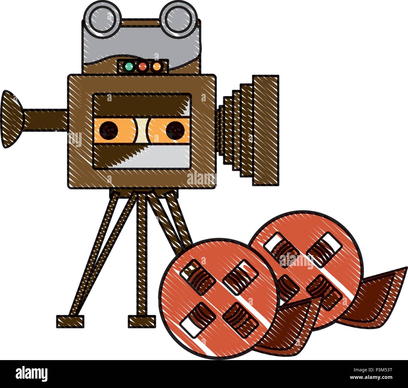 retro video camera with films tapes over white background, colorful