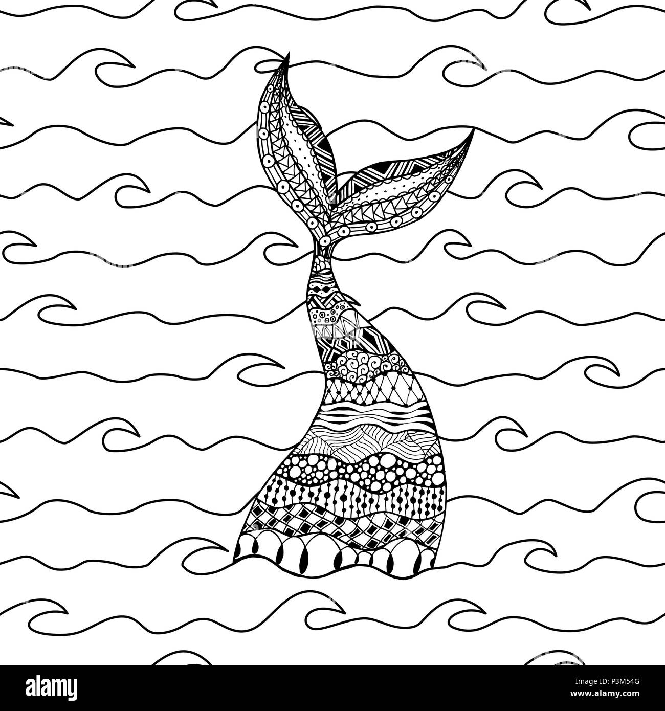 Vector seamless pattern of line sea waves with doodle mermaid tail. Coloring page book for adult Stock Vector