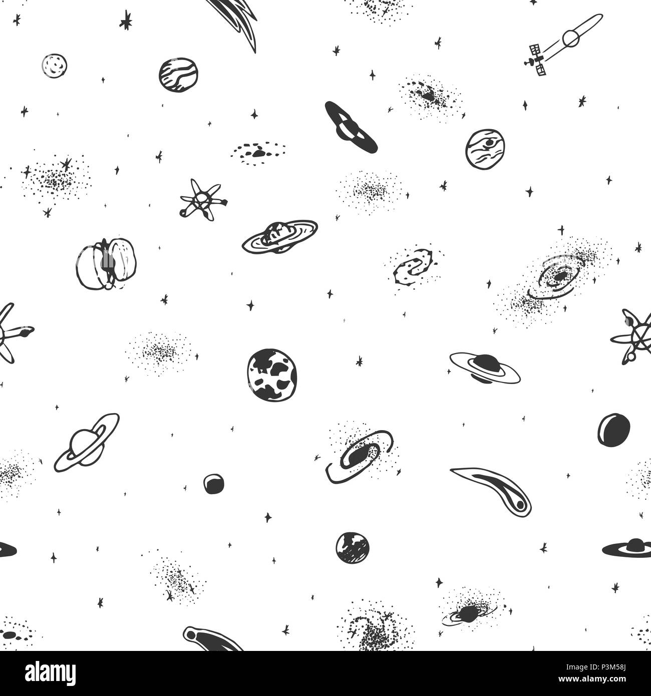 Vector seamless pattern of hand drawn doodle space object on white ...